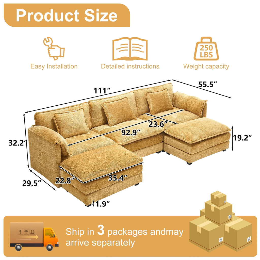 GNIXUU 112" Oversized Sectional Sofa Cloud Couch for Living Room, Modern Chenille L Shaped Couch, Comfy Boucle Modular Sofa Sleeper with Moveable Ottoman & Memory Foam (Green)
