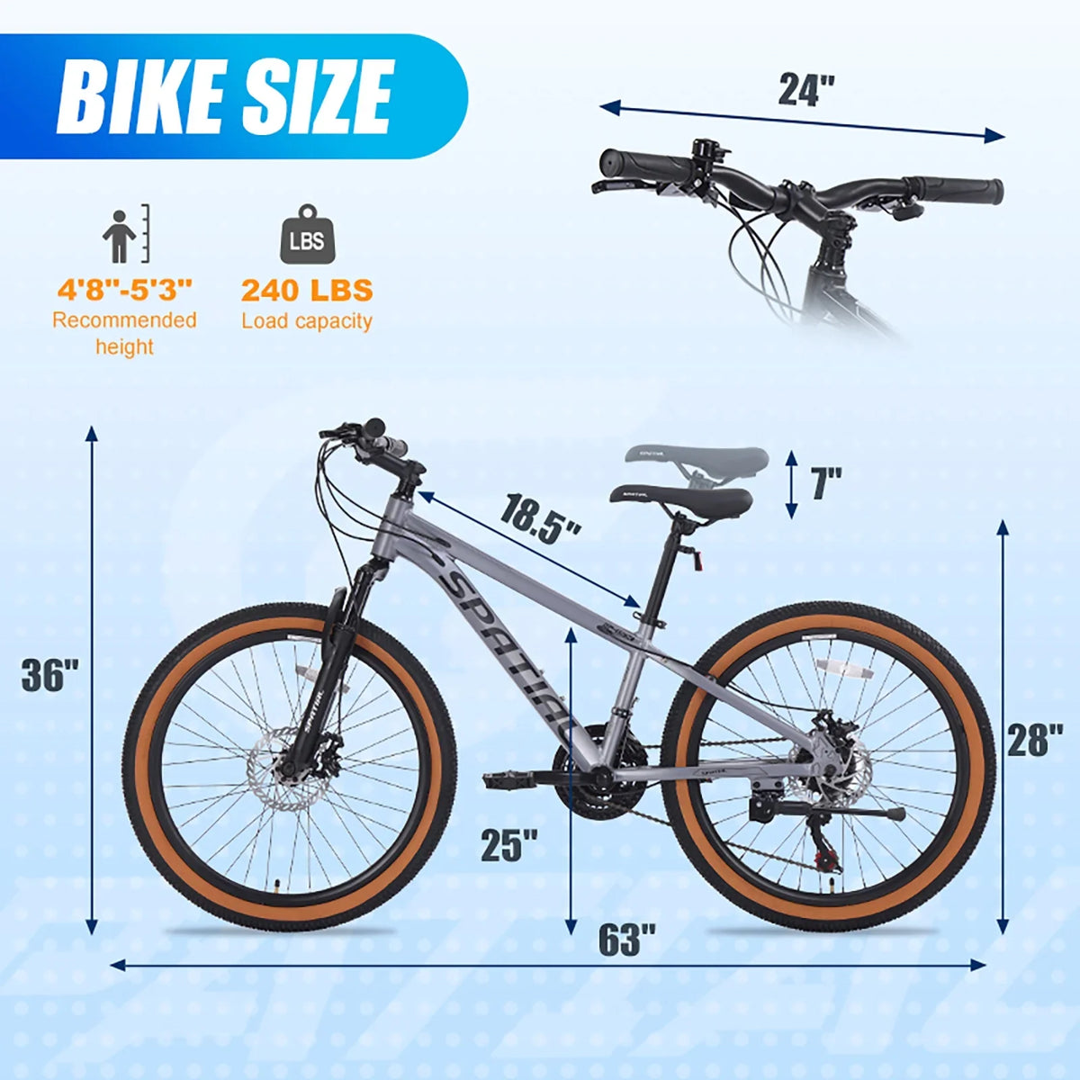 SPATIAL 24 inch Mountain Bicycle for Teenagers,21-Speed Gears MTB Mountain Bikes,Aluminum Frame Dual Disc Brakes