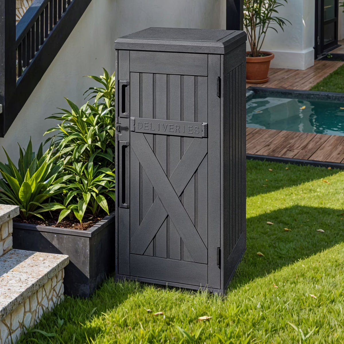 Uforic 60-Gallon Large Outdoor Package Delivery Storage Box, Double-Wall Resin Waterproof Deck Box for Porch or Curbside, Lockable, Brown