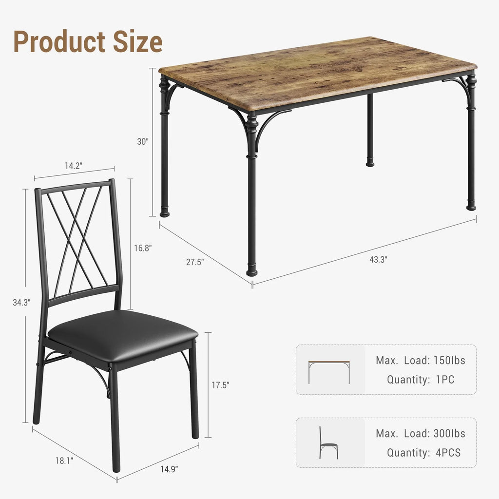 Huisuilinss Dining Table Set For 4,5-Piece Kitchen Table And Chairs Set,Farmhouse Rectangular Dining Room Table Set,Kitchen Table Set With 4 Chairs,Wood Metal Frame Dinette Set For Apartment