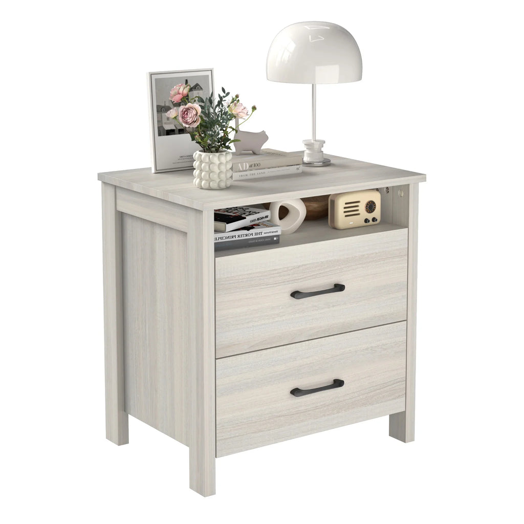 Farmhouse Nightstand with 2 Drawers, Rustic Grey Bedside Table with Open Shelf, Wooden Side End Table for Bedroom
