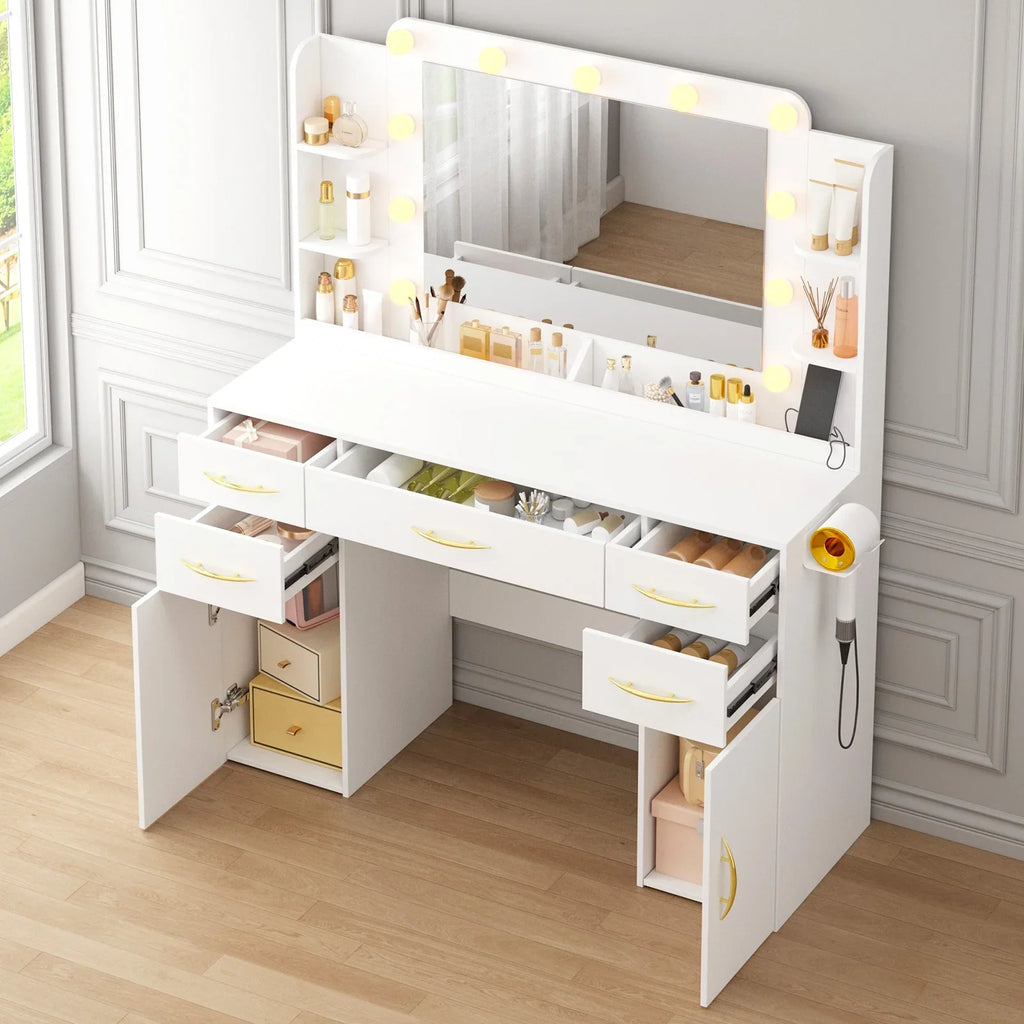 Tomnk woo White Makeup Vanity Desk with Large Mirror, Adjustable Lights, Storage Drawers & Power Outlets