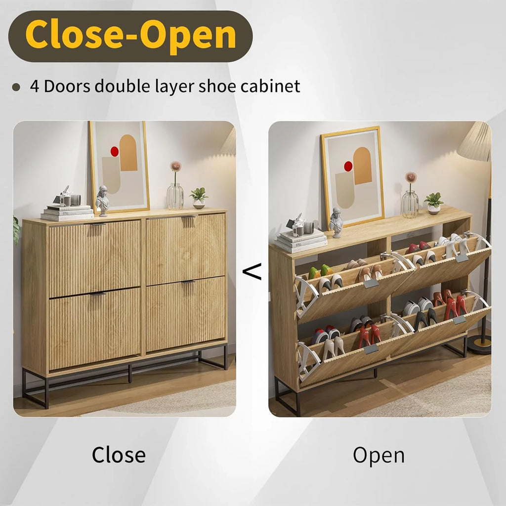 Oubayajia Modern Shoe Storage Cabinet, Wood Shoe Rack Organizer with 2 Flip Drawers, Freestanding Narrow Shoe Cabinet for Entryway Hallway, Natural