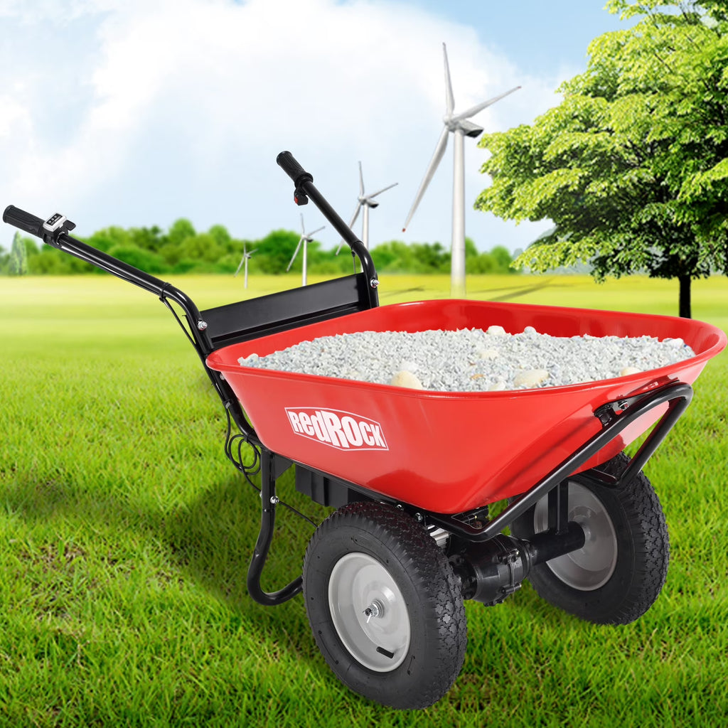 RedRock Electric Wheelbarrow 24V AGM Battery 330lbs Capacity Yard Work & Construction Debris Hauler with Speed Control and Pneumatic Tires
