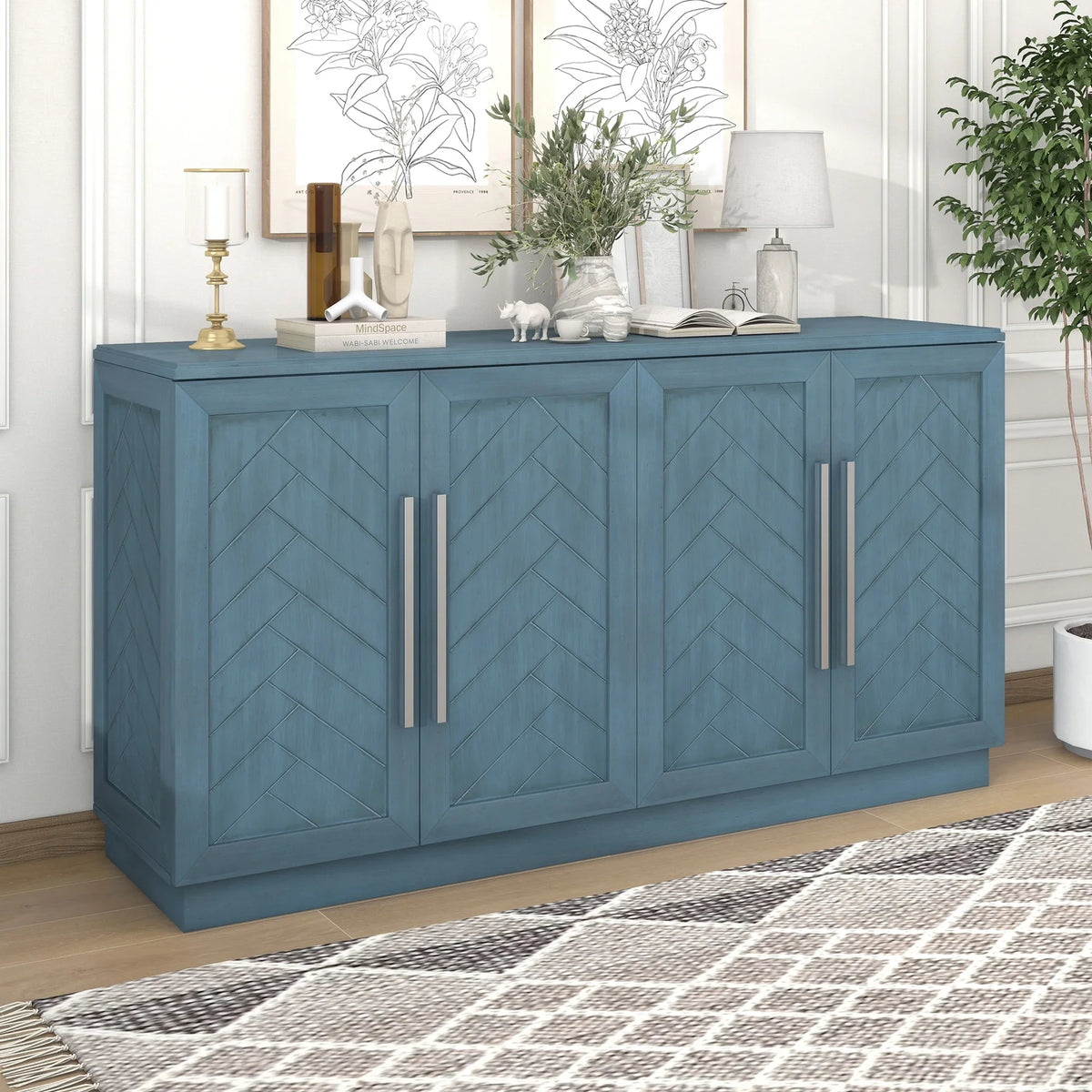 4-Door Buffet Sideboard, Modern Large Storage Cabinet Furniture with Adjustable Shelves&Silver Handles, Accent Cabinet Table, Console Table Cabinet for Kitchen Living Room Entryway Hallway, Navy Blue