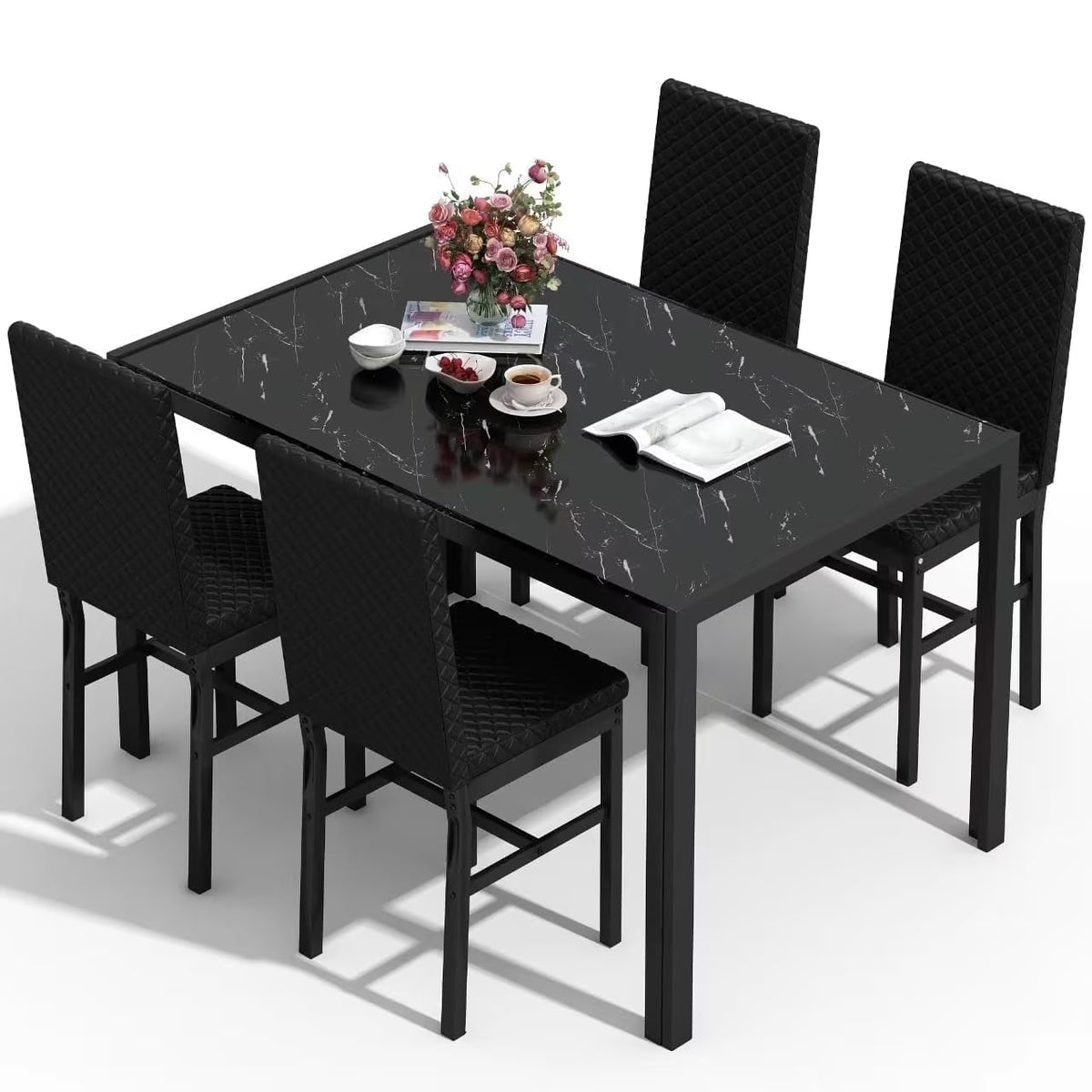 Baxluxe Dining Table Set for 4, Modern 5 Piece Dining Table Set, Faux Marble Kitchen Table and 4 Velvet Upholstered Chairs for Apartments, Dining Rooms, Small Spaces, Gray