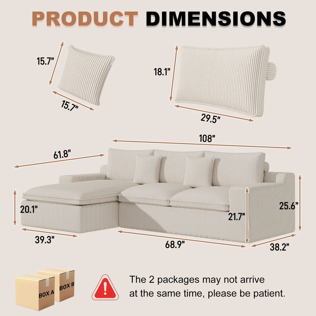 108" Modular Sectional Sofa, Cloud Sectional Couch with Deep Seat, Modern Modular L-Shape Sofa Couch with Chaise,Upholstered Couches for Living Room Bedroom
