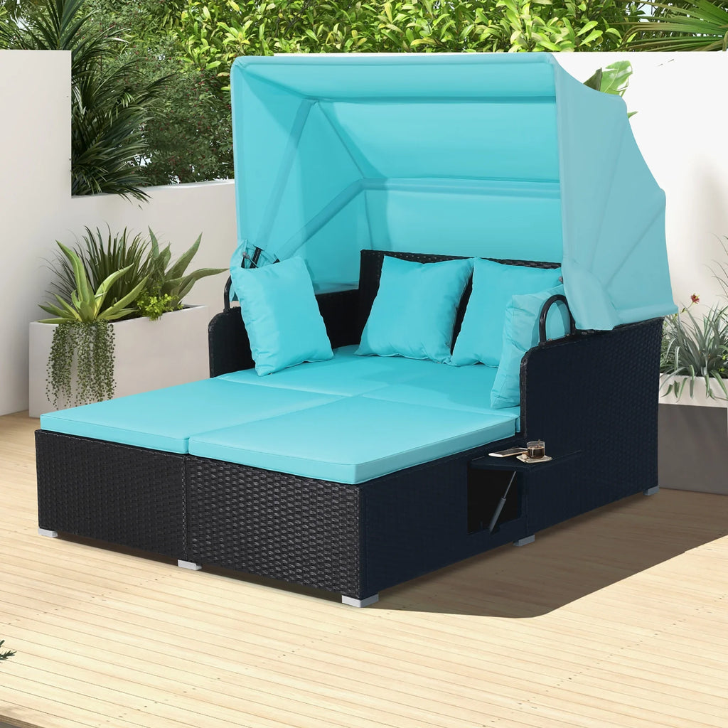 Costway Patio Rattan Daybed Lounge Retractable Top Canopy Side Tables Cushions Red