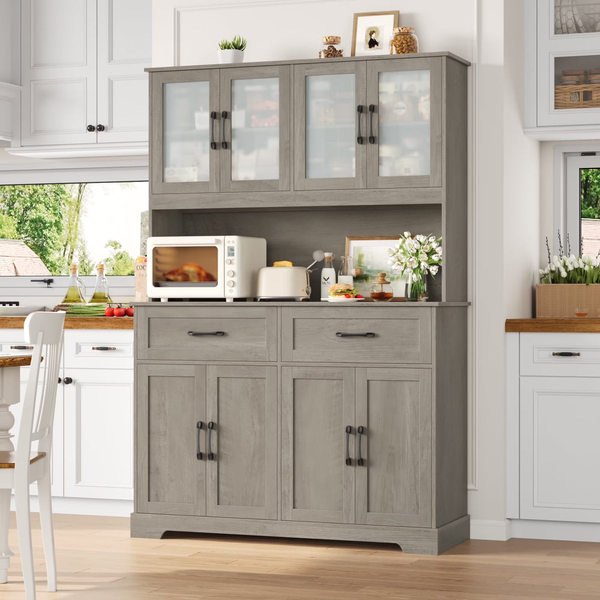 Homfa 71'' Tall 2 Drawer Kitchen Pantry Buffet Hutch, 4 Door Freestanding Cupboard Storage Cabinet, White