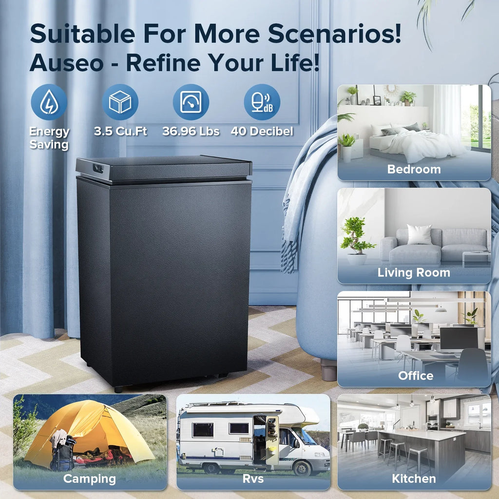 Auseo Mini Freezer Chest 3.5 cu ft, Black Deep Freezer & Side Handle, Compact Freezer with 7 Gear Adjustable Temperature, Removable Storage Basket*2, Energy Saving