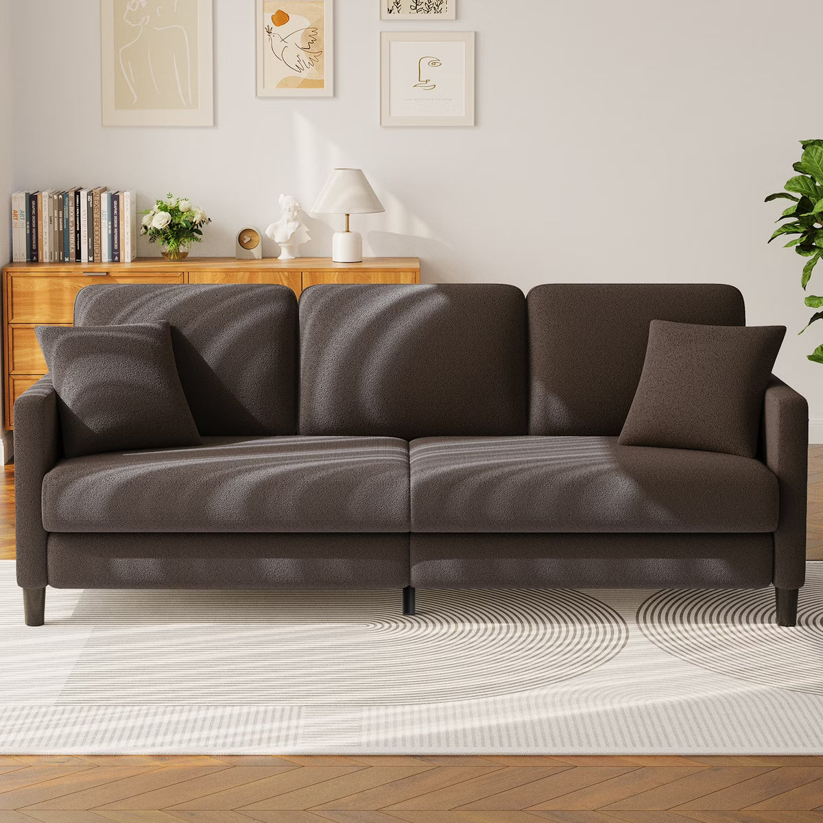 83" Comfortable Upholstered Sofa, 3 Seater Couch for Living Room, Neche Big Loveseat with Extra Deep Seats, 2 Pillows, Beige White