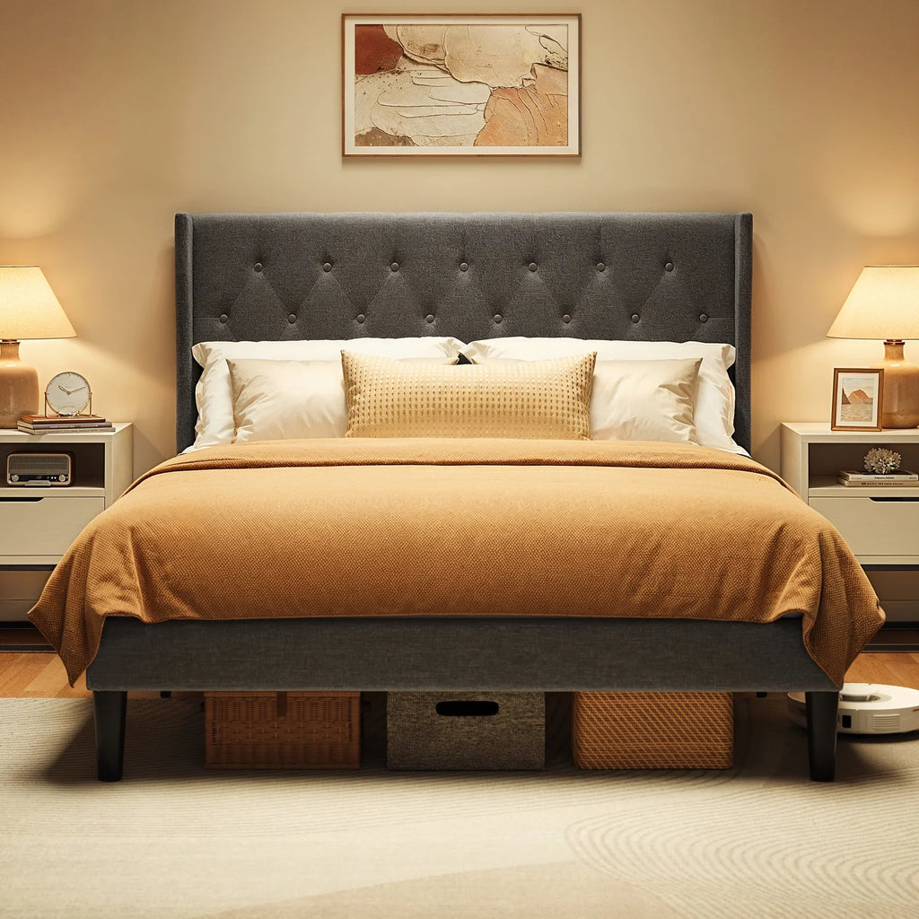 Full Size Bed Frame with Headboard, Under-Bed Storage, 850lbs, Beige