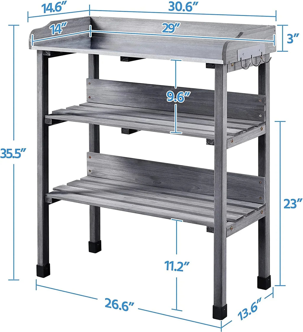 Garden Potting Table Horticulture Potting Bench w/Storage Shelf W/Metal Tabletop w/Hook 3 Shelves Workstation Work Benches Station, Gray