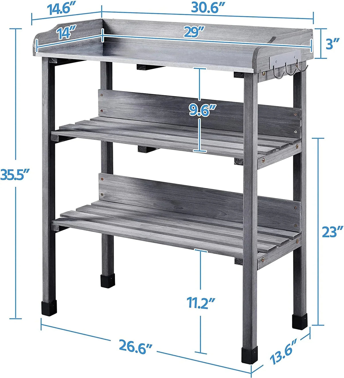 Garden Potting Table Horticulture Potting Bench w/Storage Shelf W/Metal Tabletop w/Hook 3 Shelves Workstation Work Benches Station, Gray