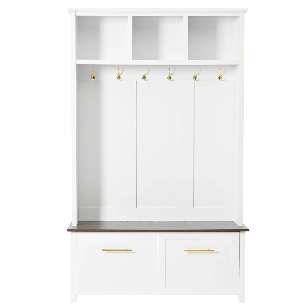Harper & Bright Designs Farmhouse Hall Tree with Bench and Shoe Storage, Mudroom Bench with Coat Rack and Adjustable Shelves for Hallway, Living Room, White