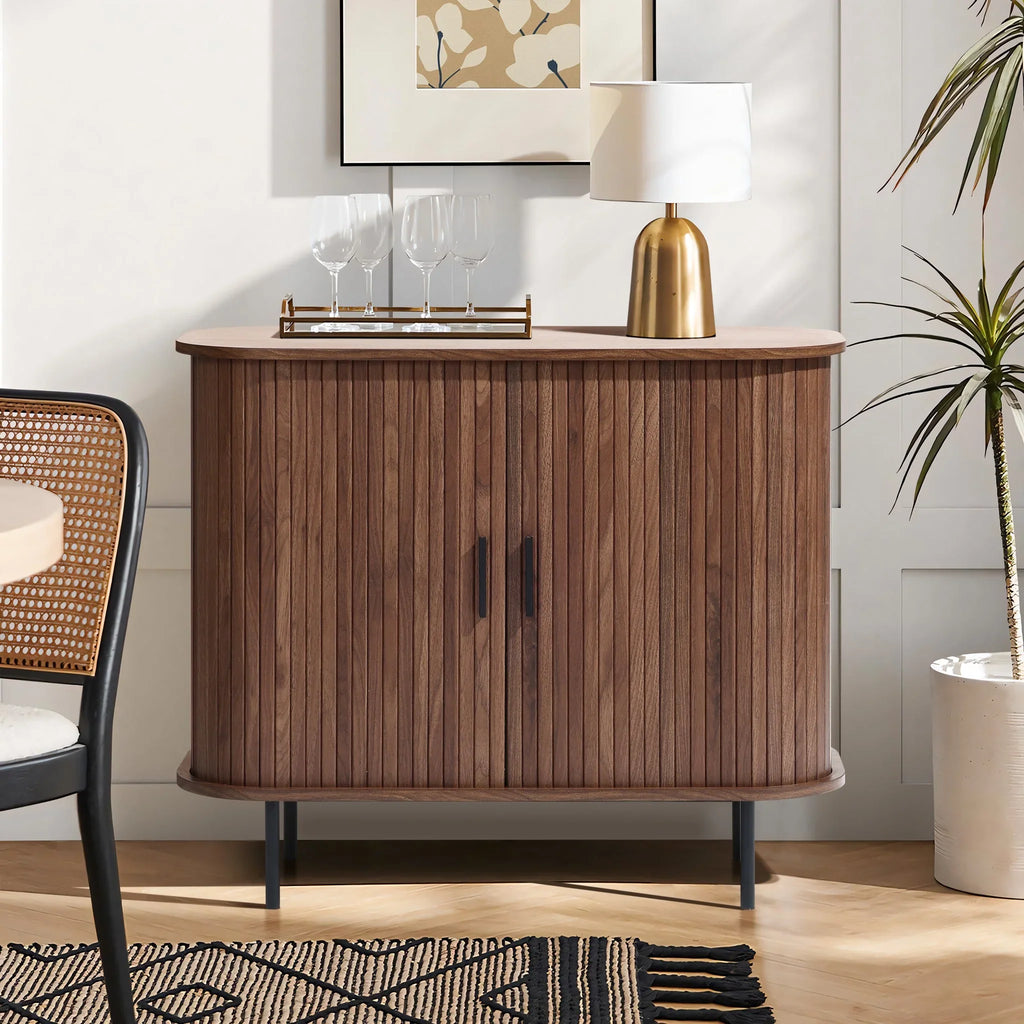 LuxenHome 35" Mid Century Modern Accent Cabinet, Small Buffet Cabinet with Sliding Door, Oak