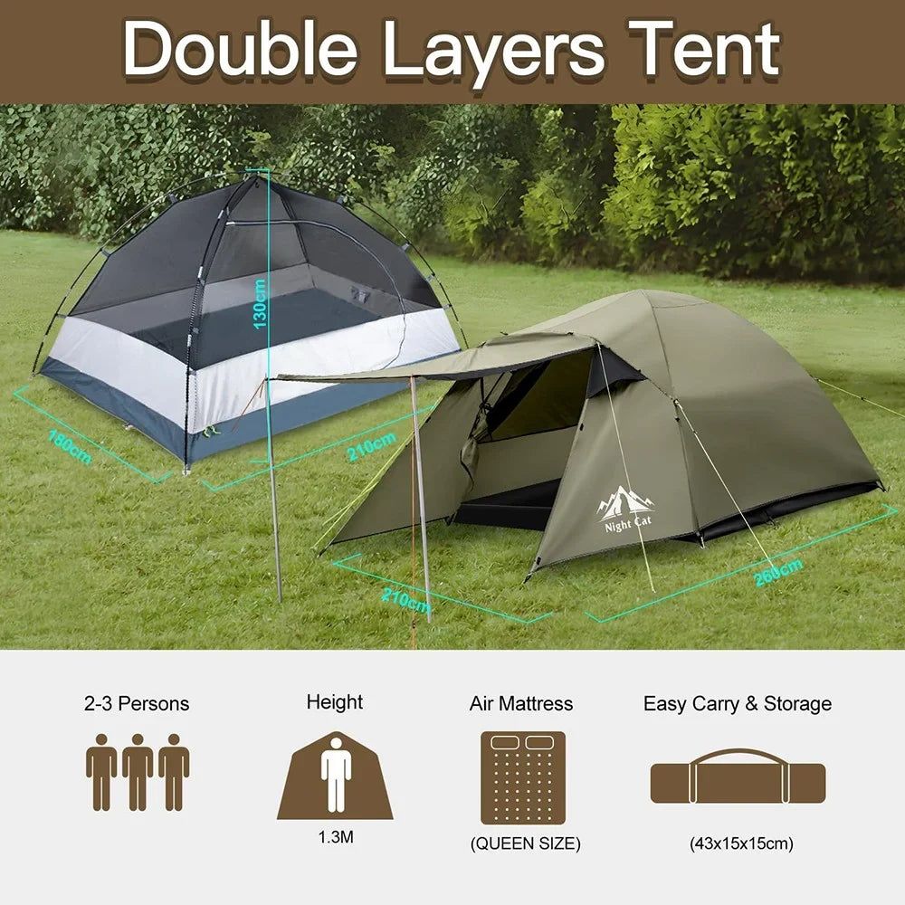 Night Cat Camping Tent 2-3 Man with Porch Family Backpacking Tent Double Layers