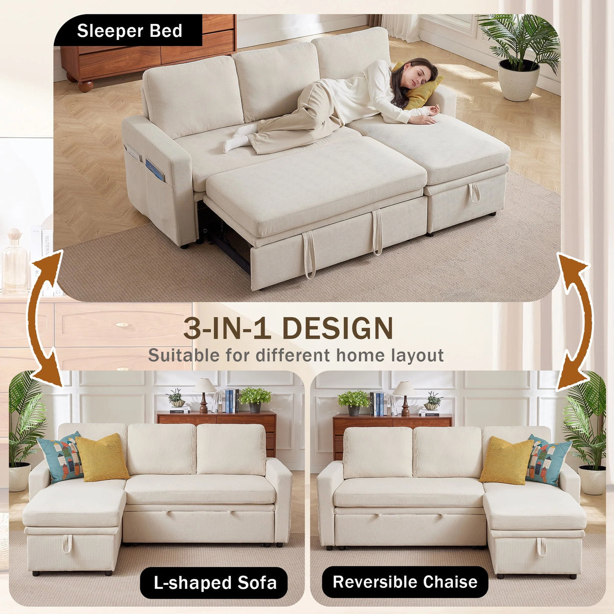 Pingliang Home Pull Out Sleeper Sofa Bed Sectional Sofa with Storage Chaise,L Shaped Sectionals Couches with Side Pockets,Modern Linen Reversible Sofa Couch for Living Room Apartment Office Studio