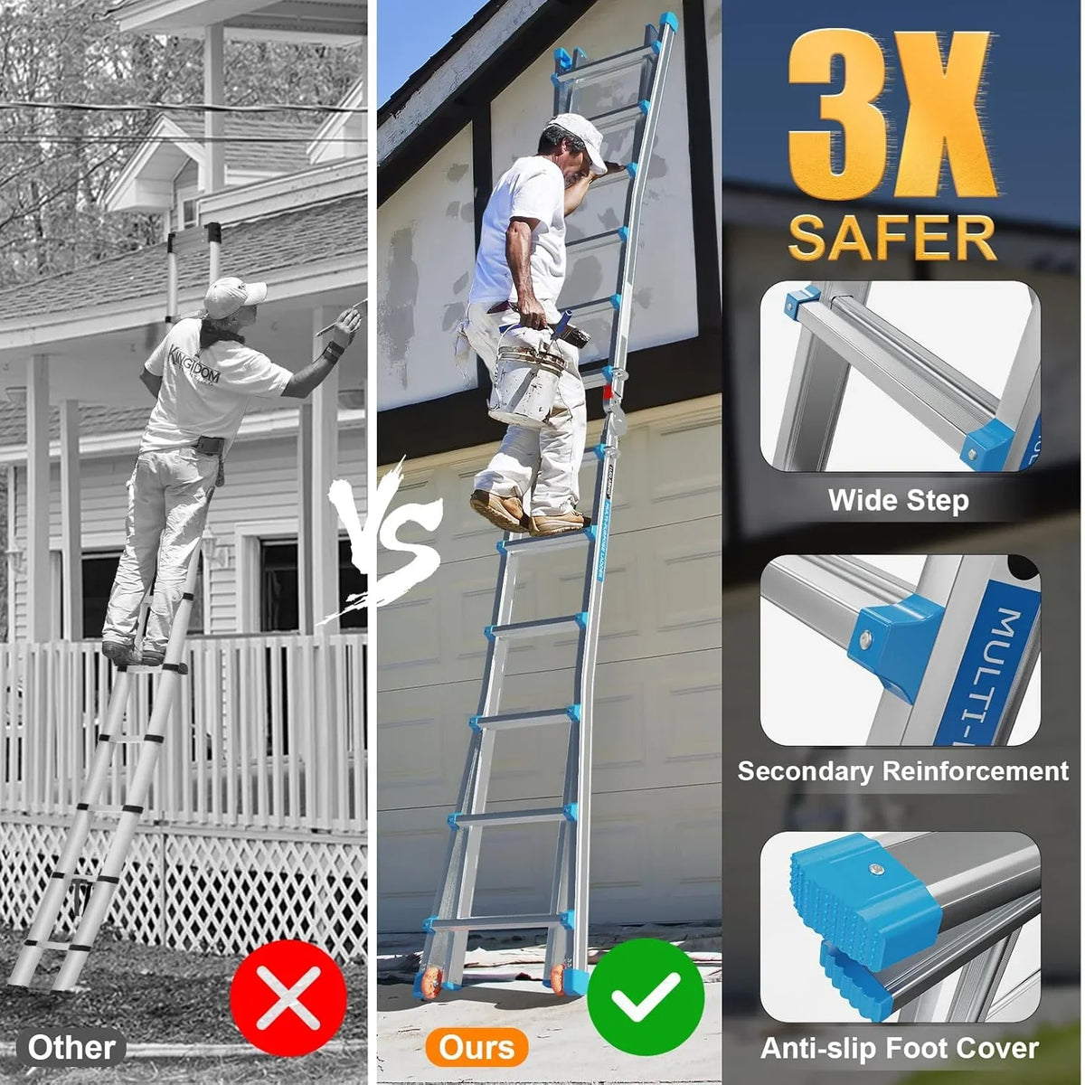 LUISLADDERS Ladder, A Frame 6 Step Ladder Telescoping Ladder, 22 Ft Reach Height Muti Position Folding Ladder Flared Leg & Wheels Design, 330 lbs Capacity Extension Ladder for Household Outdoor Work