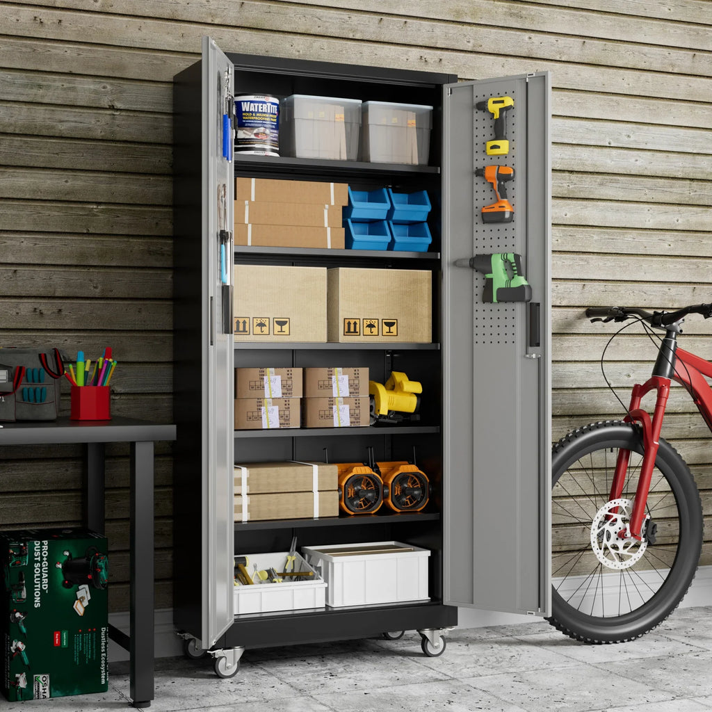GangMei 71 inches Tall Metal Rolling Garage Storage Cabinets with Locking Doors and 5 Adjustable Shelves, Metal Storage Cabinet for Garage, Office, Home, Classroom, Assemble Required(Black)