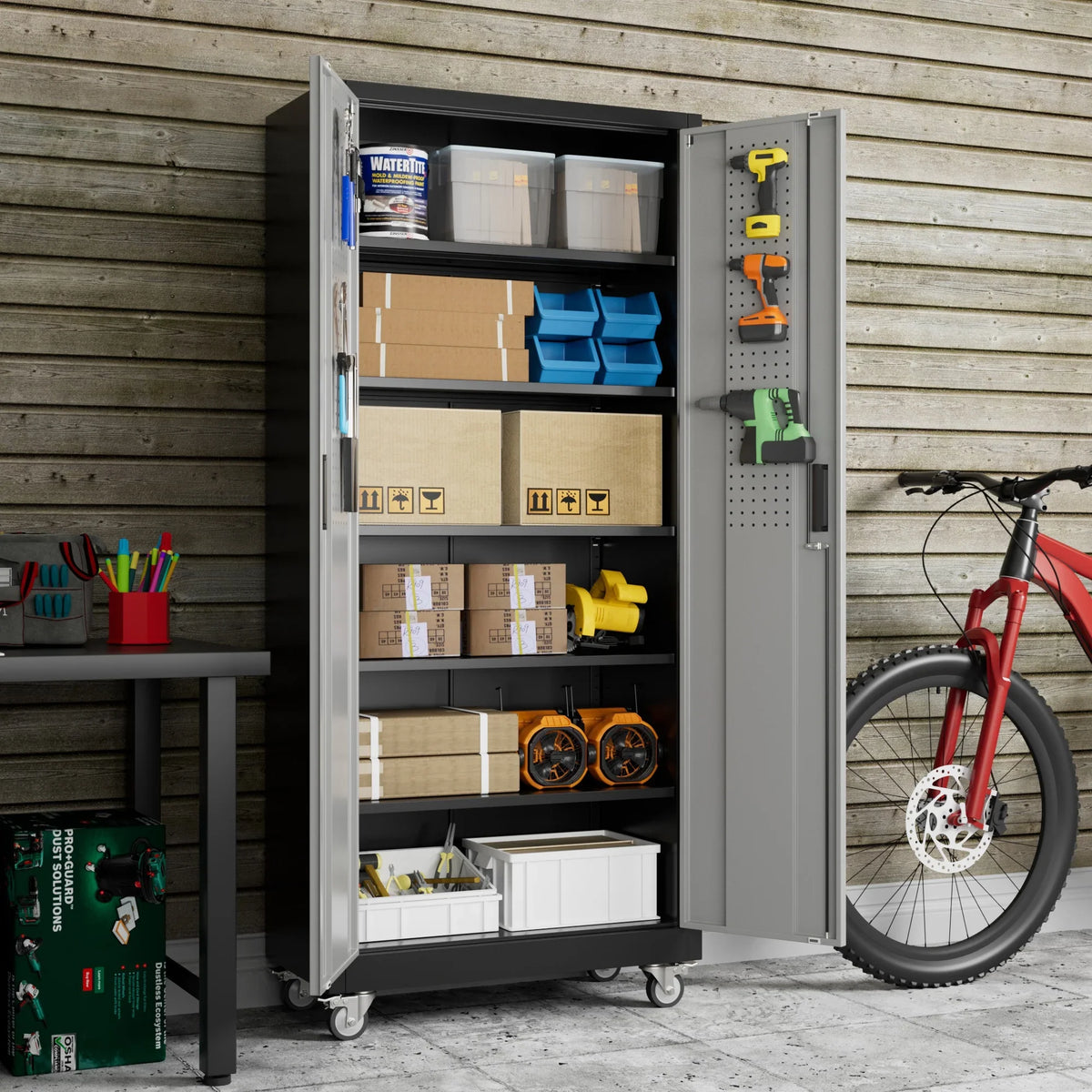 GangMei 71 inches Tall Metal Rolling Garage Storage Cabinets with Locking Doors and 5 Adjustable Shelves, Metal Storage Cabinet for Garage, Office, Home, Classroom, Assemble Required(Black)