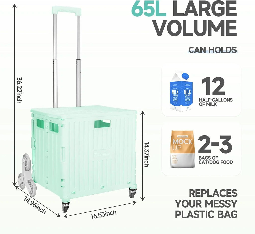 Collapsible Rolling Crate for Stair Climbing: Rolling Cart for Shopping Teacher Laundry (Milky White)