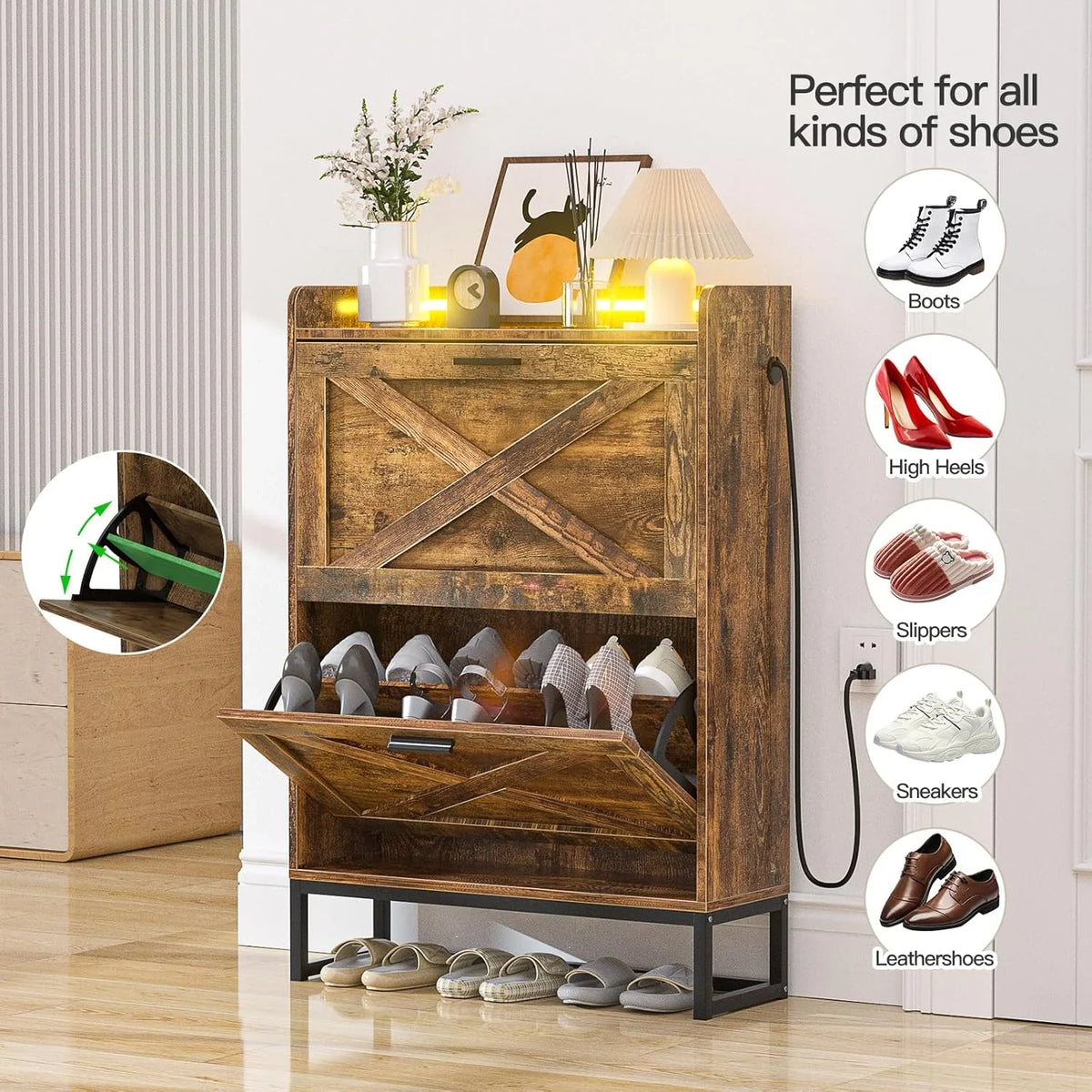 HAIOOU Shoe Storage Cabinet, Wood Shoe cabinet with Adjustable Shelf for Entryway with 3 Flip Drawers,Rustic Brown