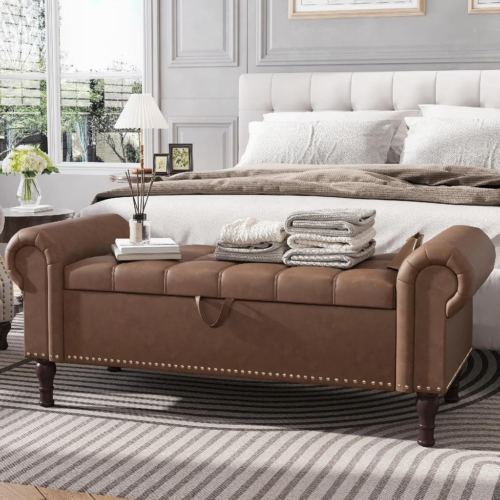 YOUDENOVA Storage Ottoman Bench for Bedroom 51" Queen Leather Storage Bench with Button, Upholstered Bedroom Bench with Rolled Arms for Living Room, Storage Room, Entryway, Gray