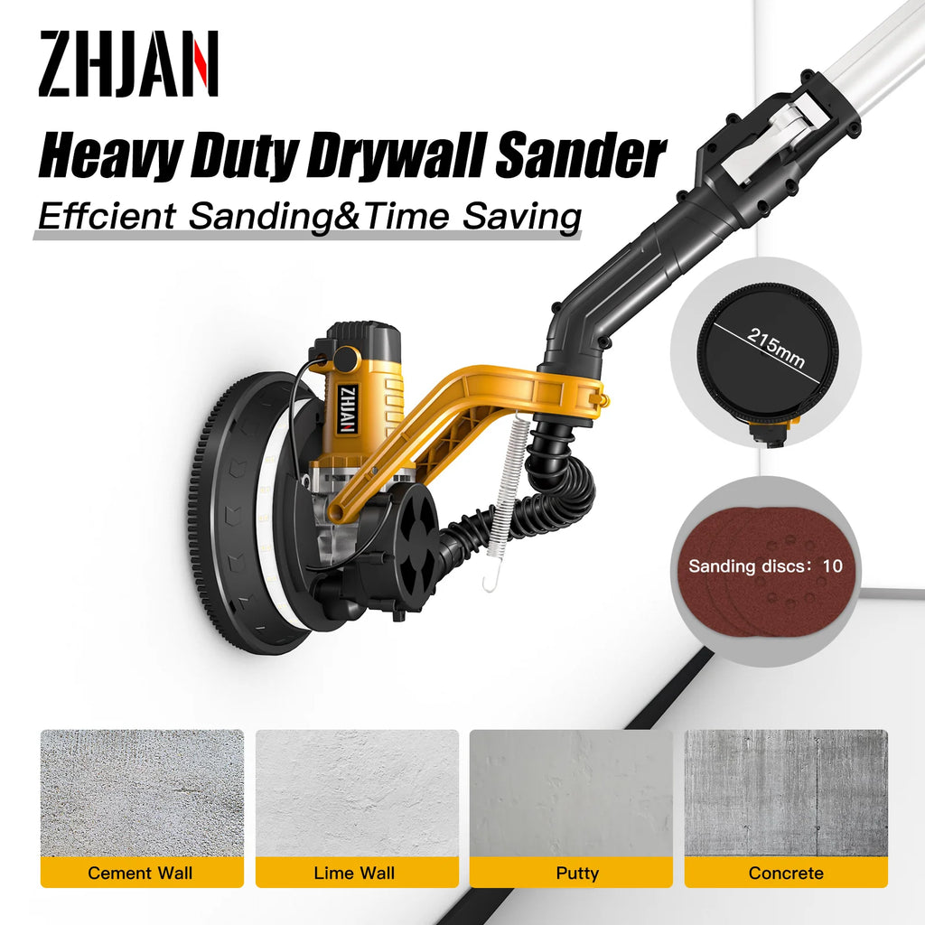 ZHJAN Electric Drywall Sander with Vacuum - Heavy Duty 880W, 5-Speed 1000-2100RPM, Extendable Handle, 12 Discs & Dust Bag, LED Light (59")