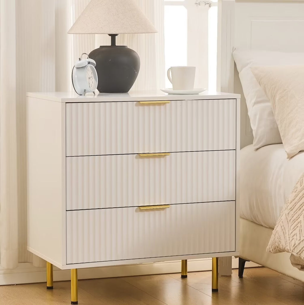 HRYJ White Large 3 Drawers Nightstand Dresser Fluted Wood Night Stand Bedside Table for Bedroom