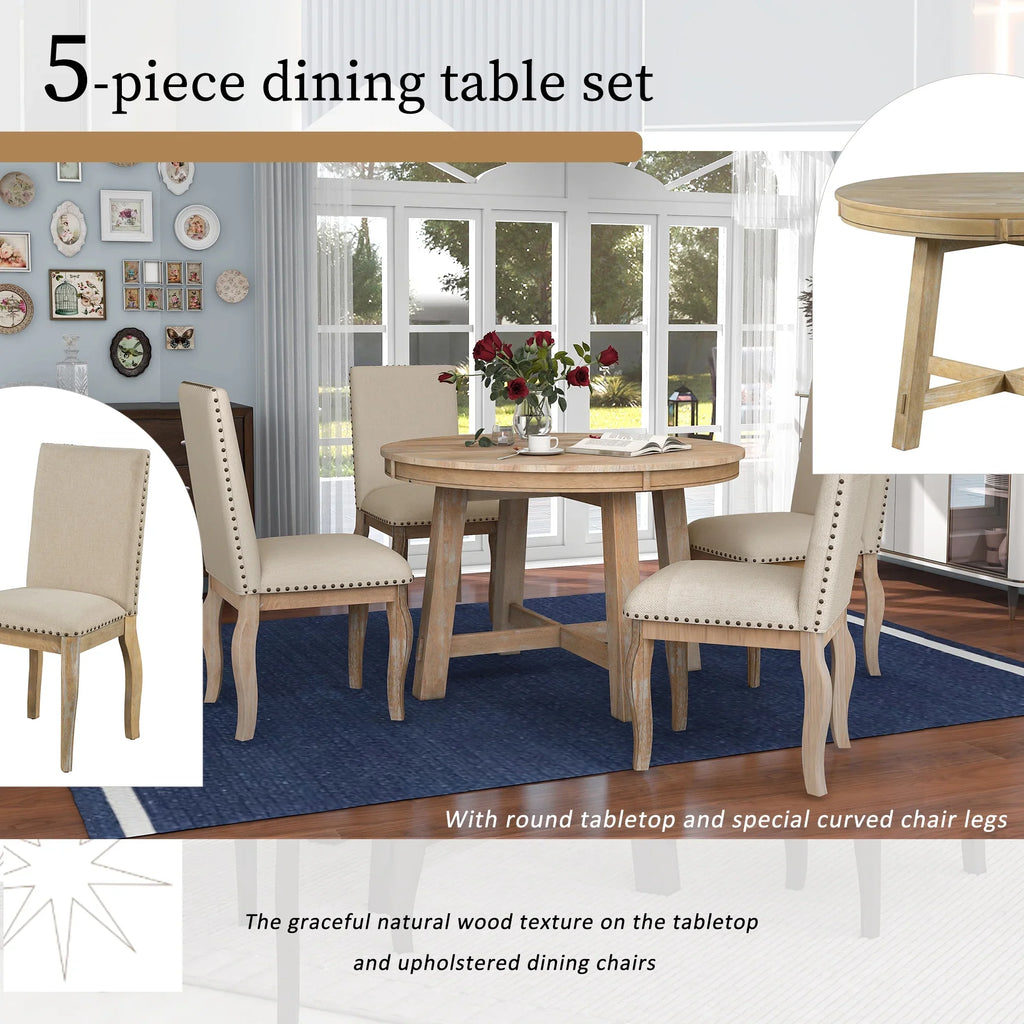 Harper & Bright Designs Round Extendable Dining Table Set for 4, 5 Piece Farmhouse Wood Dining Table Set with 4 Upholstered Dining Chairs, Natural Wood Wash