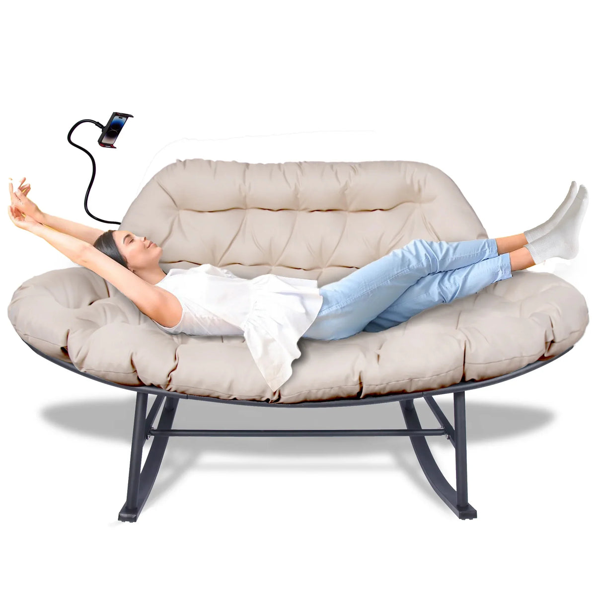 Outdoor Loveseat Rocking Chair with Thicken Cushion and Phone Holder for 2 Person for Garden Patio Yard (Beige)