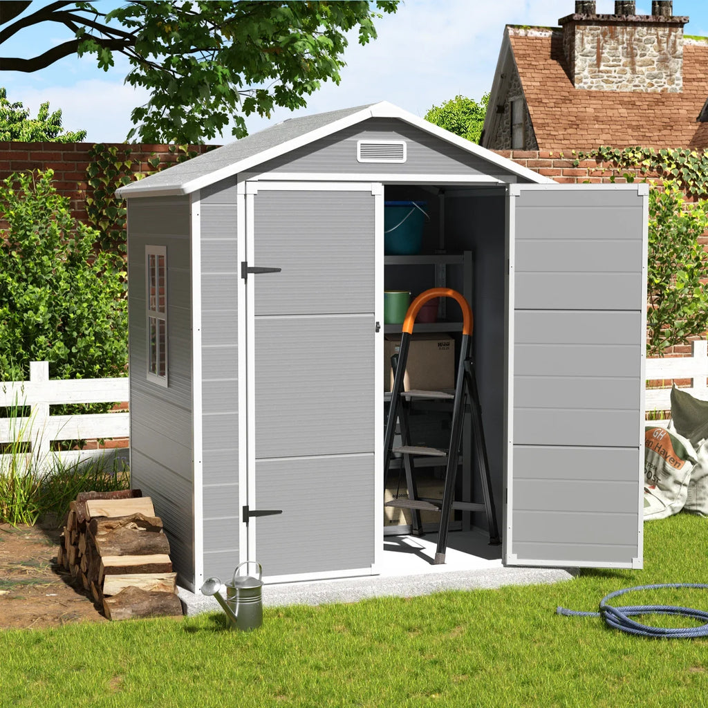 ELPOSUN Outdoor Storage Shed 6x4.5 ft, Resin Outside Sheds & Outdoor Storage Plastic for Trash Can, Bike, Lawnmower, Generator, Tool Shed with Lockable Door for Backyard, Lawn, Patio, Grey & White