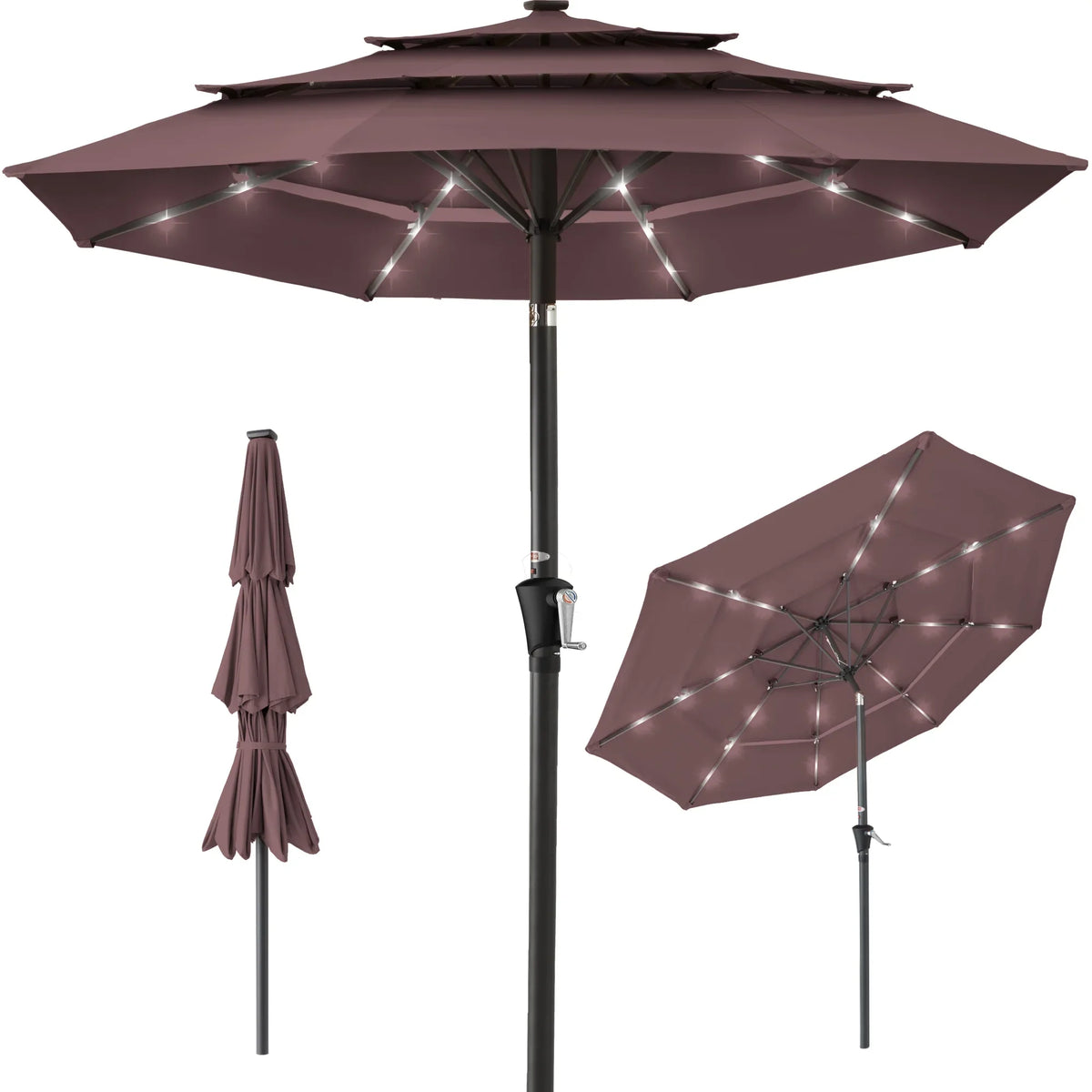 Best Choice Products 10ft 3-Tier Solar Patio Umbrella w/ 24 LED Lights, Tilt Adjustment, Easy Crank - Tan