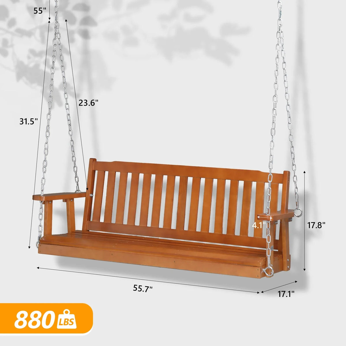 VINGLI Heavy Duty 880 LBS 4 FT Patio Wooden Porch Swing with Upgraded Adjustable Chains, Rustic