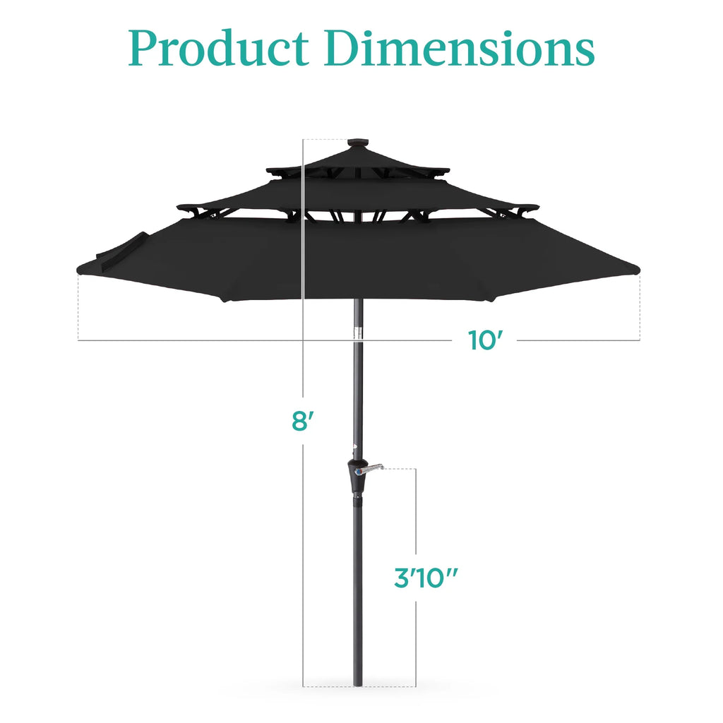 Best Choice Products 10ft 3-Tier Solar Patio Umbrella w/ 24 LED Lights, Tilt Adjustment, Easy Crank - Tan
