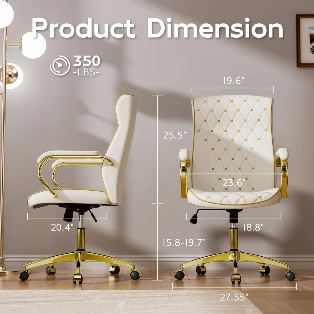 Ninecer White and Gold Office Chair with Soft Leather Embroidery, Mid Back Vintage Swivel Executive Desk Chair with Wheels and Padded Arms, Adjustable Height