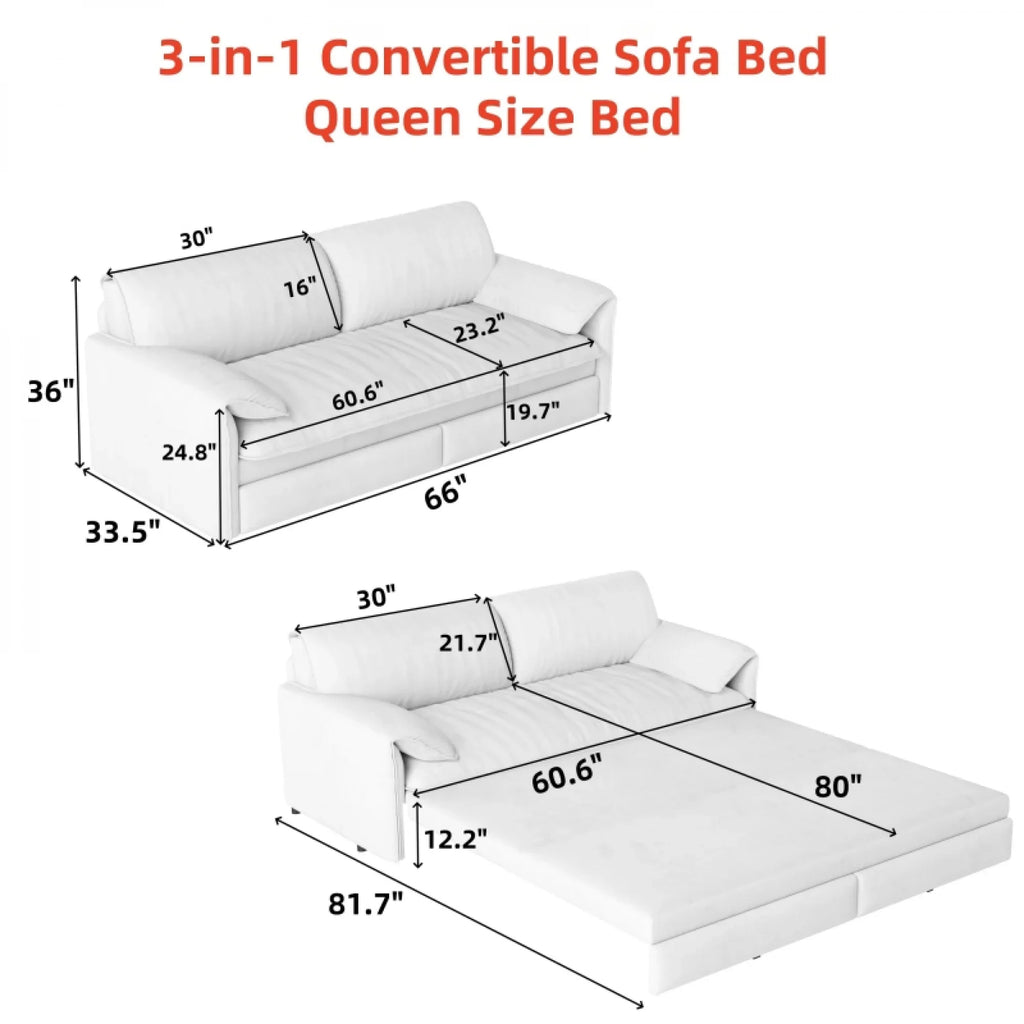 66" Queen Pull Out Sofa Bed, 3-in-1 Convertible Sleeper Sofa with Side Storage,Multi-Functional Velvet Loveseat Bed for Living Room,Bedroom
