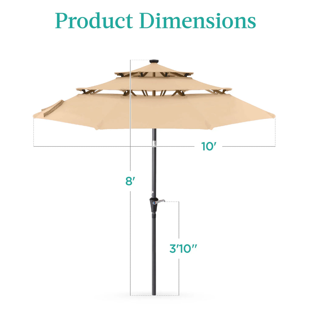 Best Choice Products 10ft 3-Tier Solar Patio Umbrella w/ 24 LED Lights, Tilt Adjustment, Easy Crank - Tan