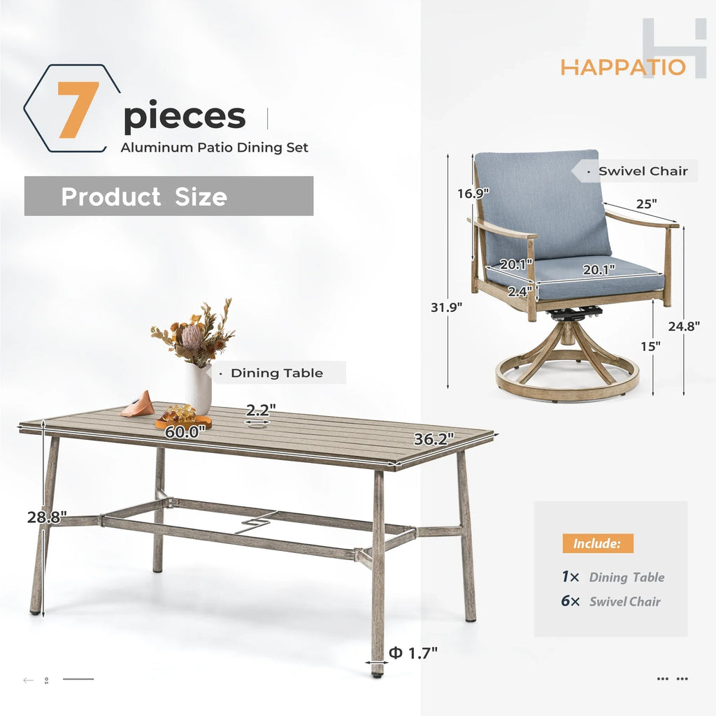 HAPPATIO 7-Piece Outdoor Dining Set for 6, Aluminum Patio Dining Set Includes 6 Dining Chairs and 1 Large Rectangular Table with Umbrella Hole, Patio Furniture Set for Lawn, Porch, Backyard, Grey