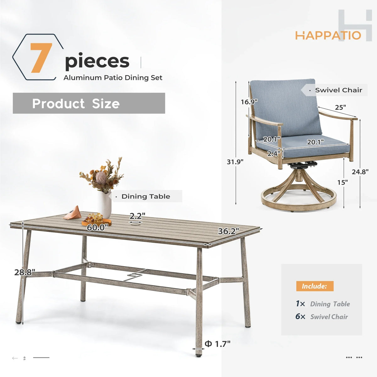 HAPPATIO 7-Piece Outdoor Dining Set for 6, Aluminum Patio Dining Set Includes 6 Dining Chairs and 1 Large Rectangular Table with Umbrella Hole, Patio Furniture Set for Lawn, Porch, Backyard, Grey