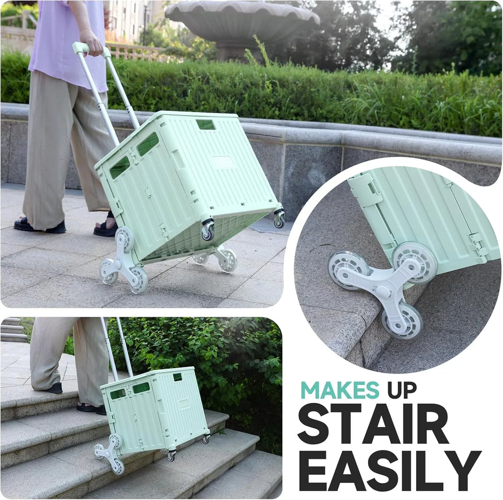 Collapsible Rolling Crate for Stair Climbing: Rolling Cart for Shopping Teacher Laundry (Milky White)