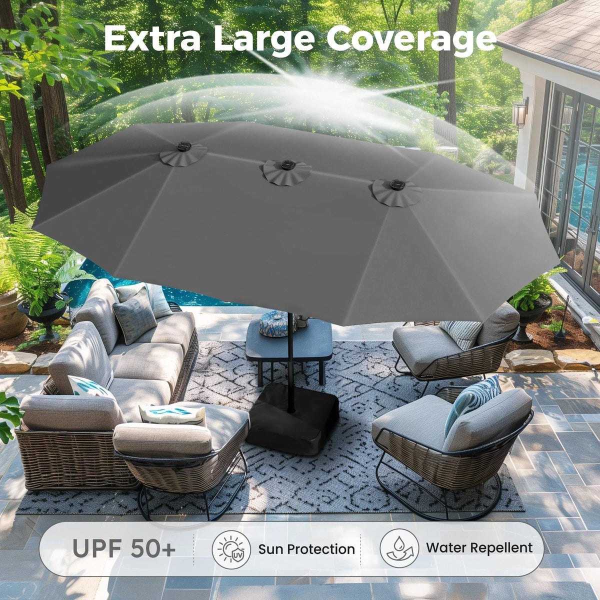Alpha Joy 15ft Extra Large Outdoor Patio Double-Sided Umbrella with LED Solar Lights & Umbrella Base, Beige