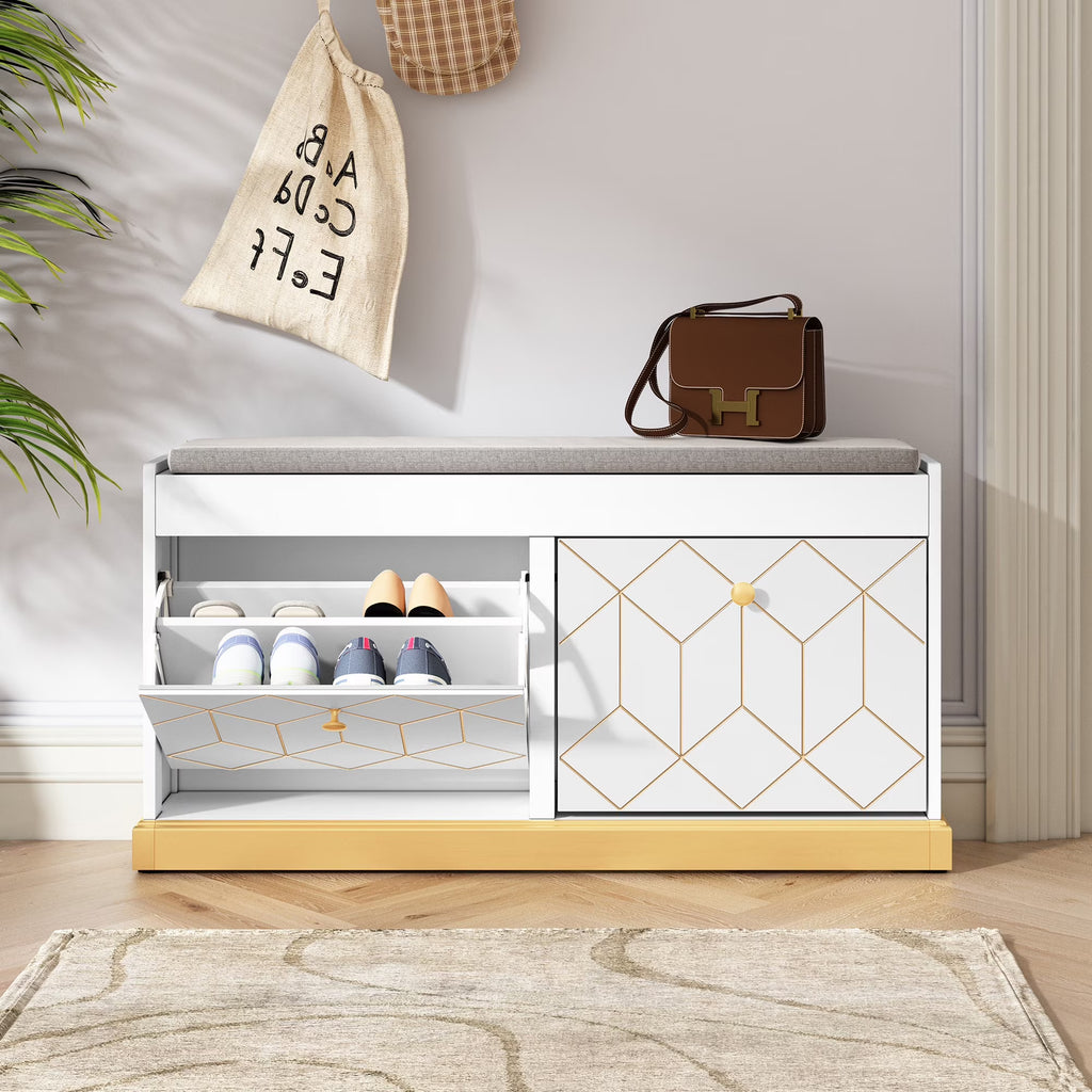 HLR White Shoe Cabinet, Shoe Cabinet with 2 Drawers Shoe Storage, Entryway Bench with Padded Seat