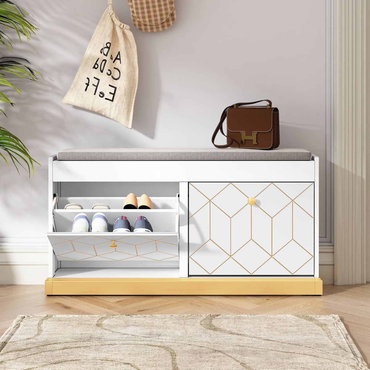 HLR White Shoe Cabinet, Shoe Cabinet with 2 Drawers Shoe Storage, Entryway Bench with Padded Seat