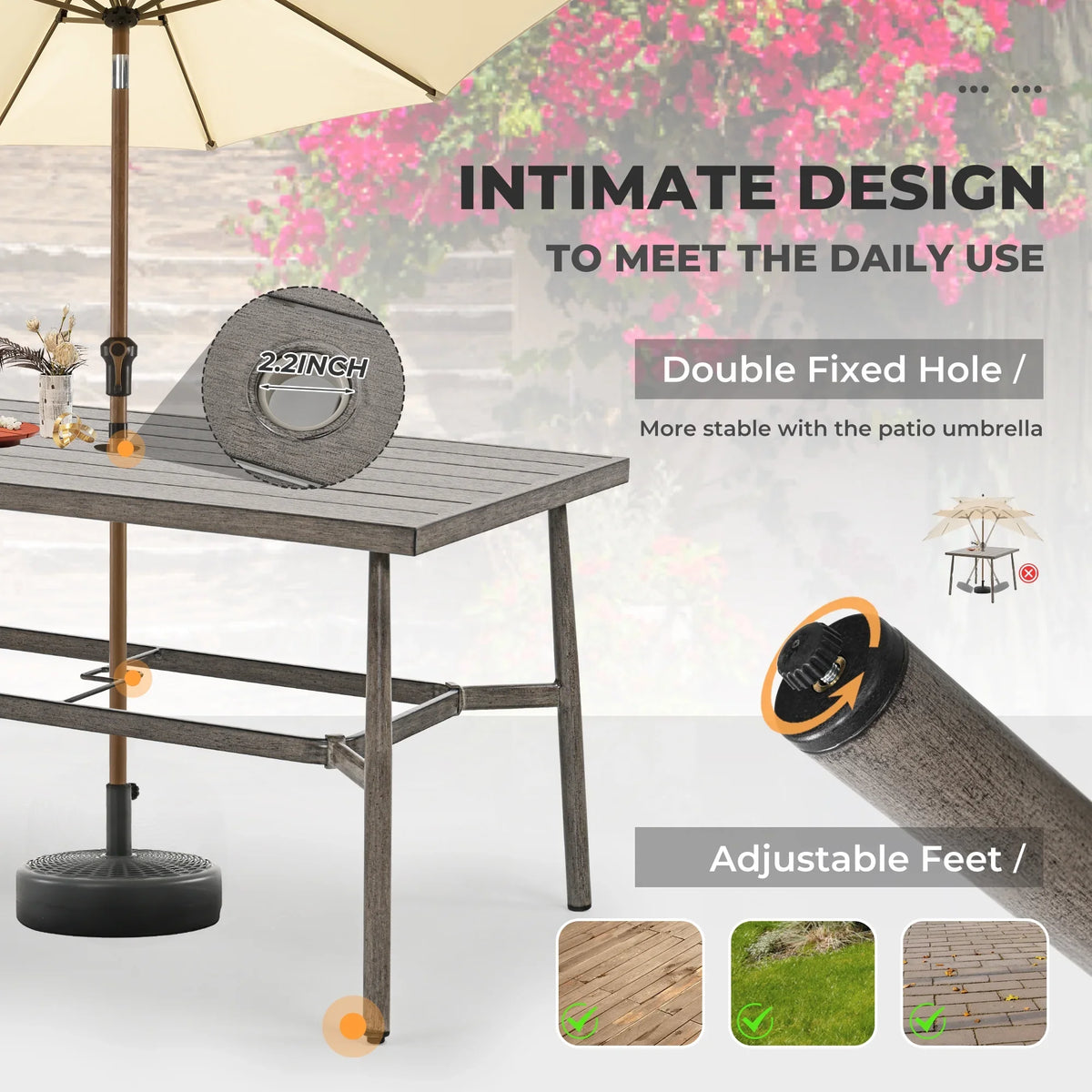 HAPPATIO 7-Piece Outdoor Dining Set for 6, Aluminum Patio Dining Set Includes 6 Dining Chairs and 1 Large Rectangular Table with Umbrella Hole, Patio Furniture Set for Lawn, Porch, Backyard, Grey