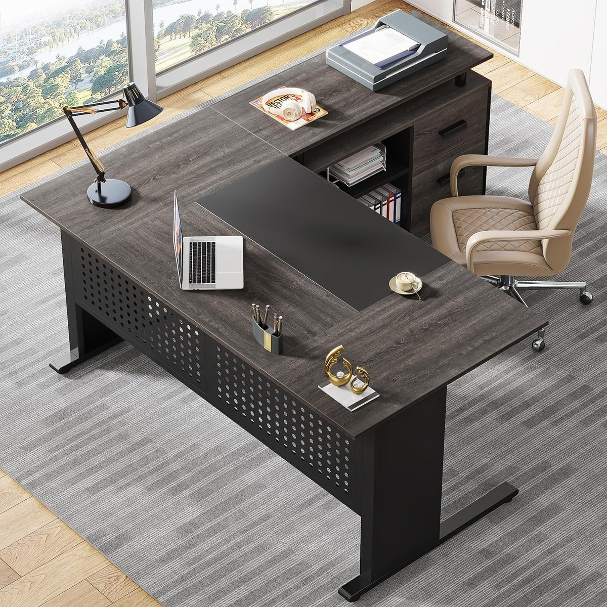 Tribesigns Executive Desk, Large Computer Desk with File Cabinet, Executive Office Desk with Storage Cabinet, Business Furniture Desk Workstation for Home Office