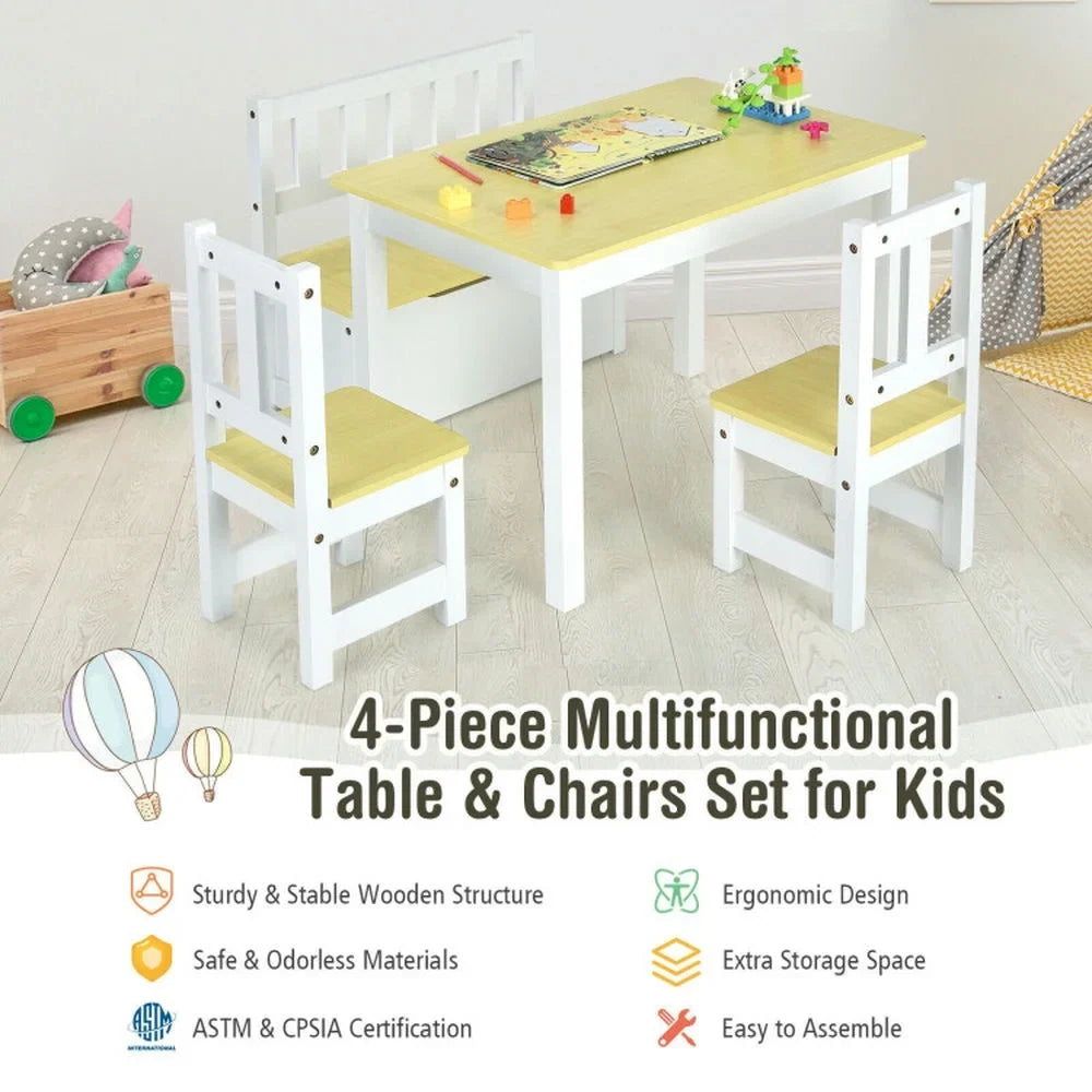 Kadyn Children Kids Table Chair Set,Children Playroom Table Chair Set,4 Pieces Kids Wooden Activity Table and Chairs Set with Storage Bench and Study Desk-Natural