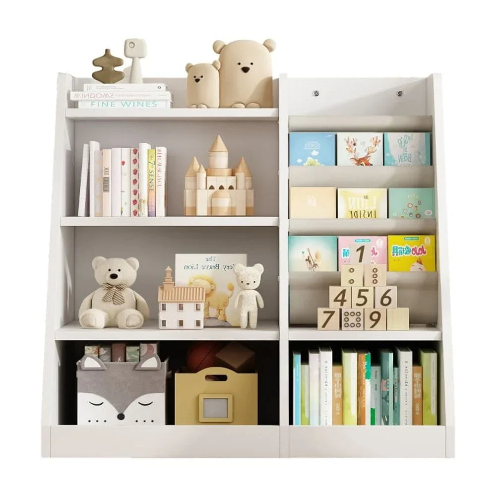 IVV Montessori Kid Bookshelf, Modern Wood Bookcase 4 Tier Children Book Rack Display Toy Storage Organizer Sling Book Rack for Classroom Bedroom Nursery Playroom (Pink)