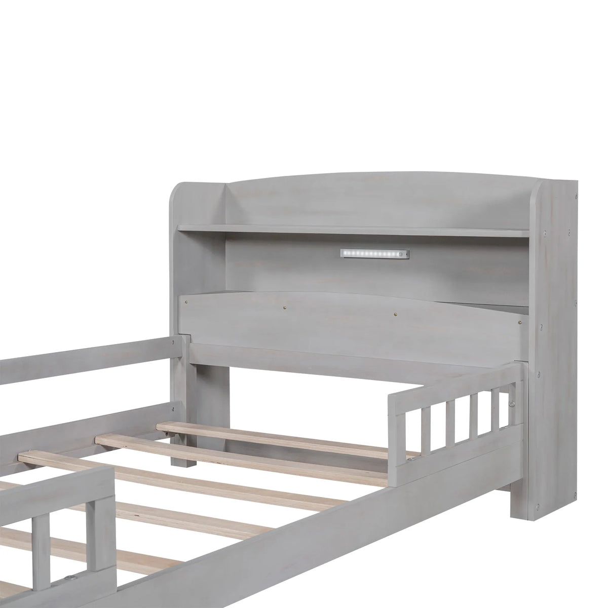 Euroco Wood Twin Size Platform Bed with Storage Headboard, Shelves and LED Light for Kids, Gray